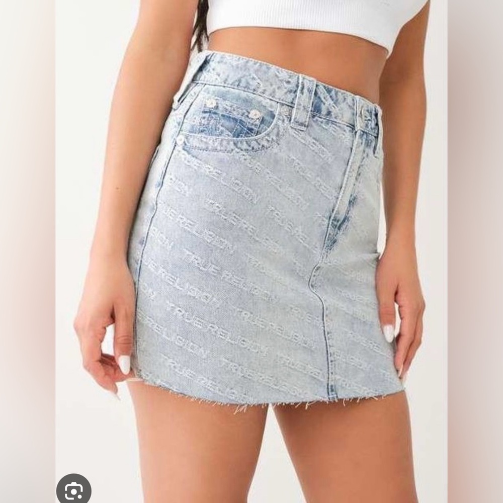 True Religion Monogram High Rise Denim Mini Skirt Leaping Water Y2K - Picture 3 of 11